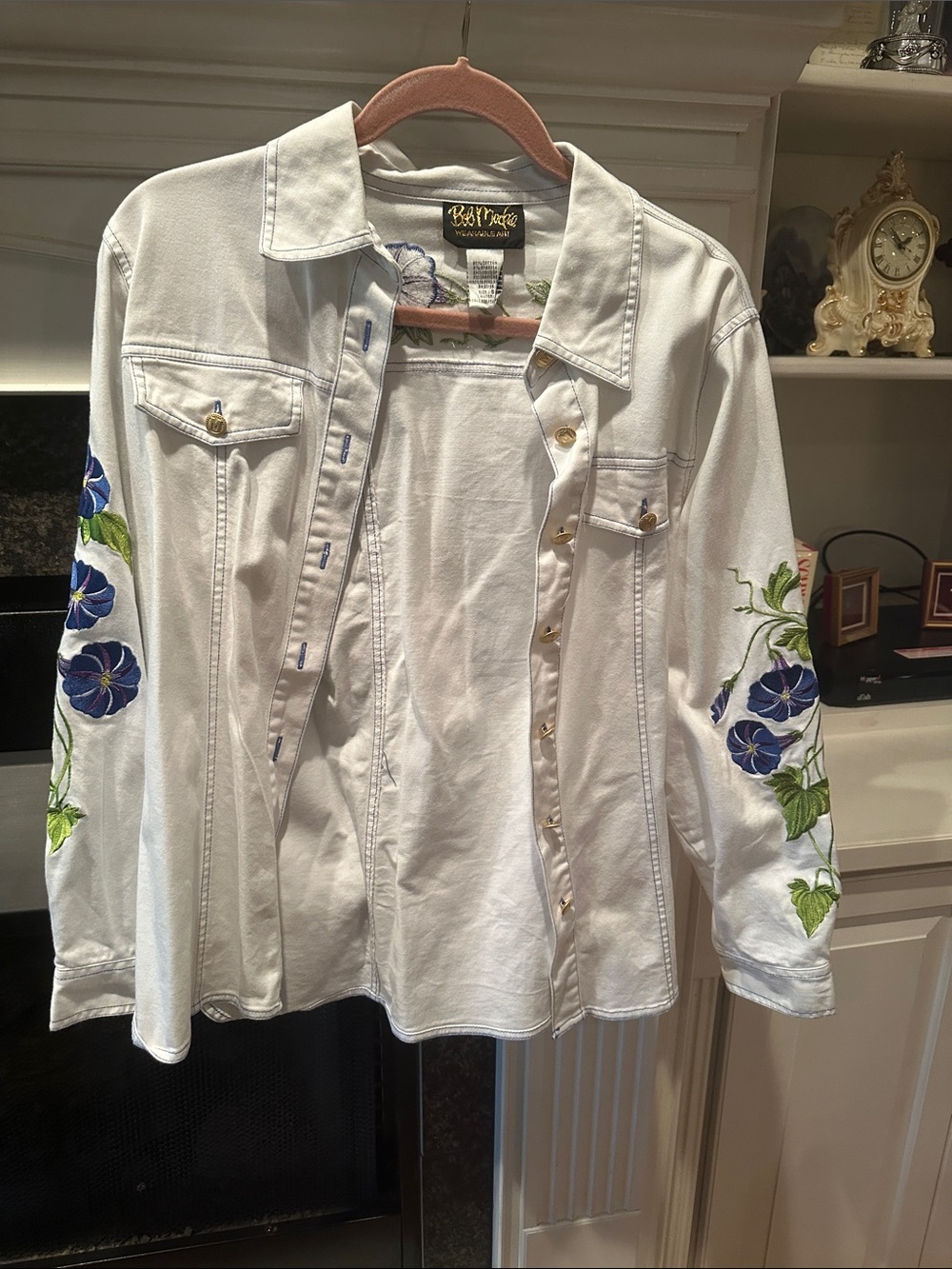 Bob Mackie White Denim Jacket with Blue & Green Floral Embroidery
